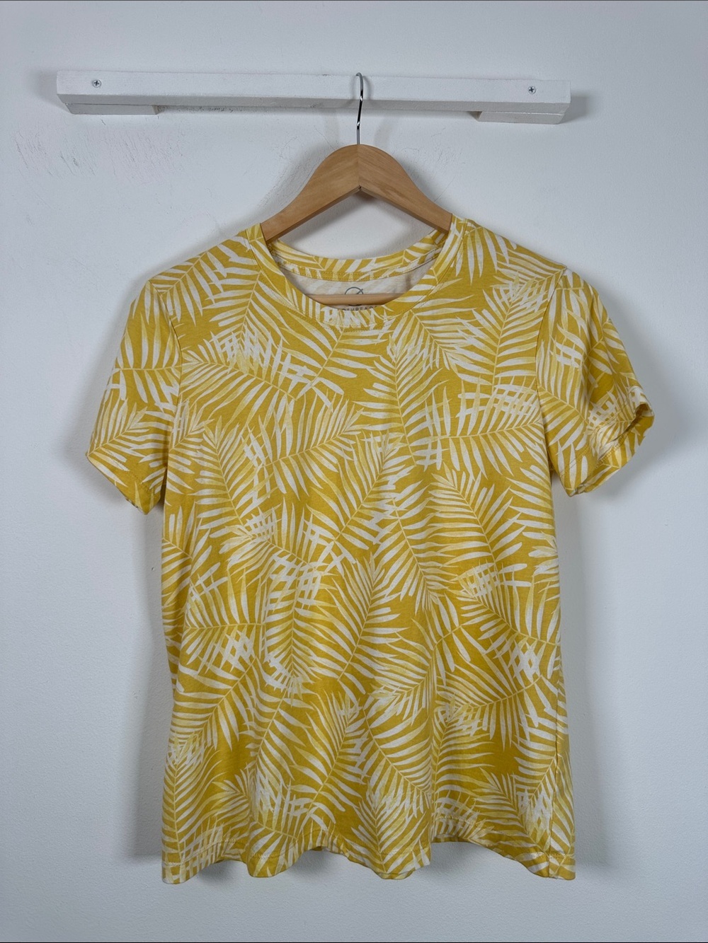 Ecothreads Yellow Tropical Print Organic Cotton Tee Palm Leaf Size L Resortwear